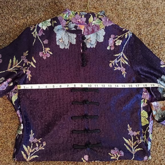 Chinese Traditional Dark Purple Floral Roses? Long Shirt Frog Ties Size Small - Picture 8 of 13